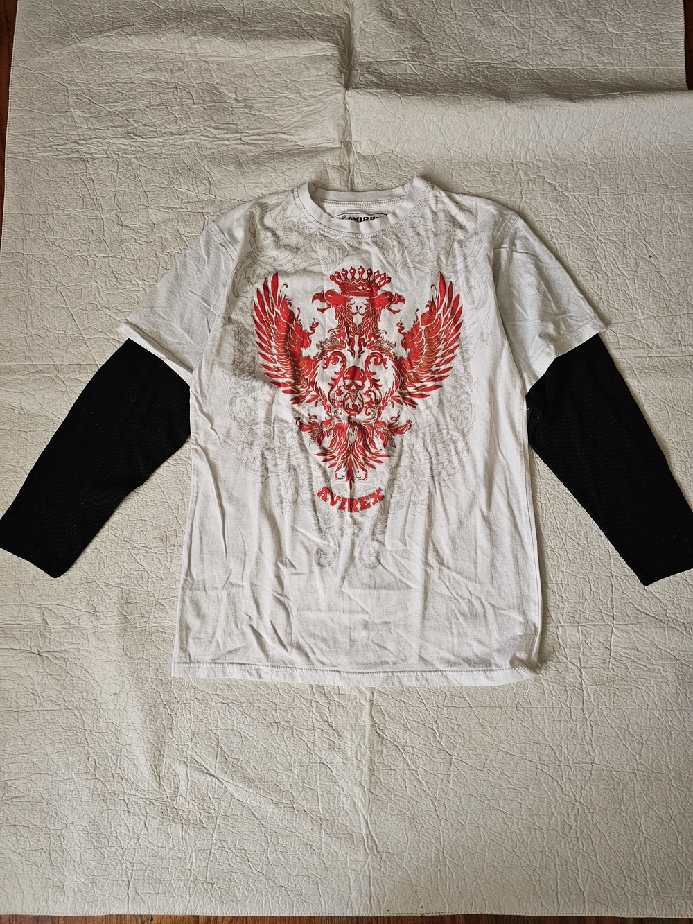 Avirex White Long Sleeve Tee with Black Sleeves and Red Crest Graphic